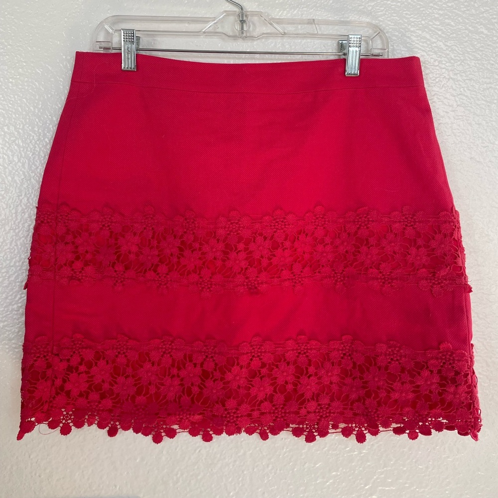 J Crew Embroidered Detailed Red Skirt w/ Mid Rise Waist - Size 8